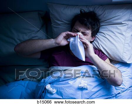 Man in bed blowing nose with tissue View Large Photo Image Stock Photograph - Man in bed blowing nose with tissue. Fotosearch