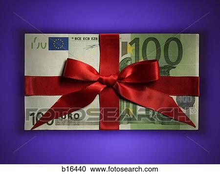 Stock Image - One hundred Euro banknote with red ribbon. Fotosearch