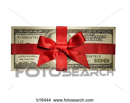 Picture - One hundred US dollar banknote with red ribbon. Fotosearch