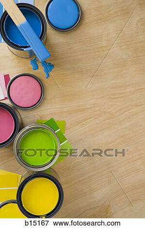 Overhead view of paint cans and stir stick View Large Photo Image Stock Photo - Overhead view of paint cans and stir stick. Fotosearch