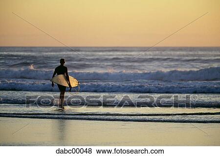 Rear view of man with surfboard in water View Large Photo Image Stock Photo - Rear view of man with surfboard in water. Fotosearch