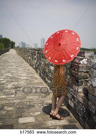 Rear view of woman on stone bridge with parasol View Large Photo Image Stock Image - Rear view of woman on stone bridge with parasol. Fotosearch