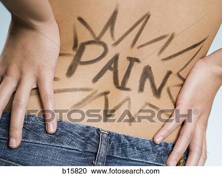 Stock Image - Rear view of woman with hands on lower back with Pain written on it. Fotosearch