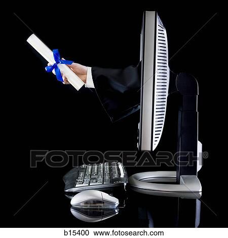 Stock Image - Side view of computer with hand coming through monitor holding diploma. Fotosearch