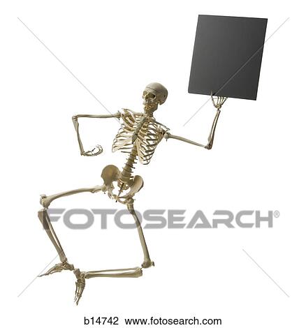 Stock Image - Skeleton leaping with blank sign. Fotosearch