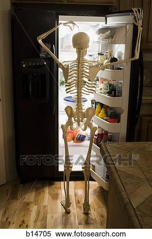 Skeleton looking inside refrigerator View Large Photo Image Stock Photography - Skeleton looking inside refrigerator. Fotosearch