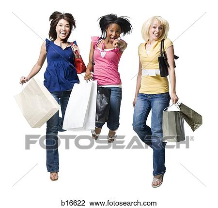 Three women with shopping bags smiling and leaping View Large Photo Image Stock Image - Three women with shopping bags smiling and leaping. Fotosearch