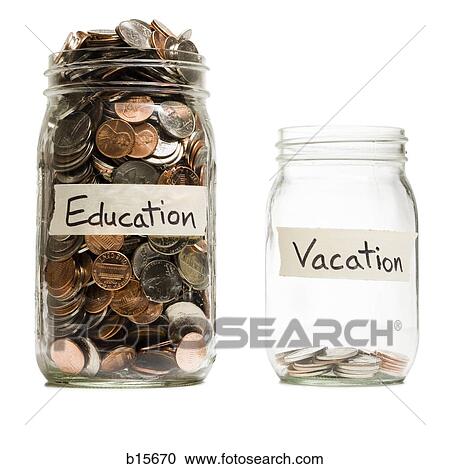 Stock Image - Two glass jars with change labeled Education and Vacation. Fotosearch