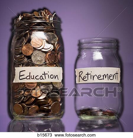 Stock Image - Two glass jars with change labeled Education and Retirement. Fotosearch