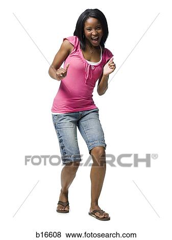 Stock Photo - Woman dancing and smiling. Fotosearch