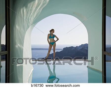 Woman in bikini standing at edge of infinity pool with arch and rock formation View Large Photo Image Stock Image - Woman in bikini standing at edge of infinity pool with arch and rock formation. Fotosearch