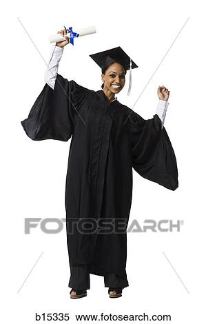 Stock Photography - Woman in graduation gown and Blank Sign with diploma excited. Fotosearch