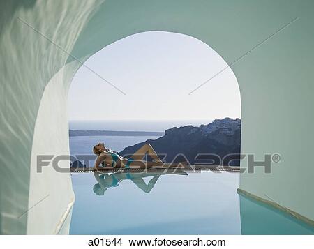 Woman reclining by pool outdoors View Large Photo Image Picture - Woman reclining by pool outdoors. Fotosearch