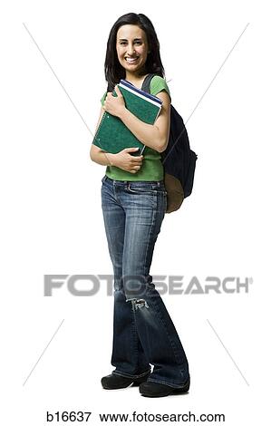 Stock Photo - Woman with backpack and books smiling. Fotosearch