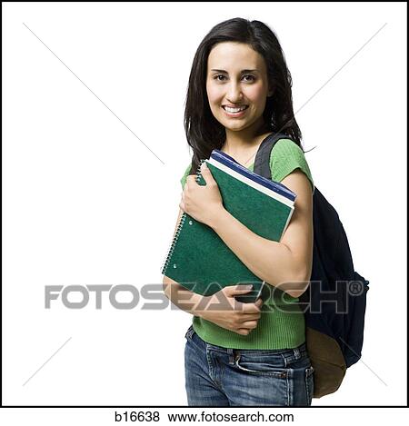 Woman with backpack and books smiling View Large Photo Image Stock Photo - Woman with backpack and books smiling. Fotosearch