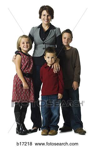 Woman with three children smiling View Large Photo Image Stock Photo - Woman with three children smiling. Fotosearch