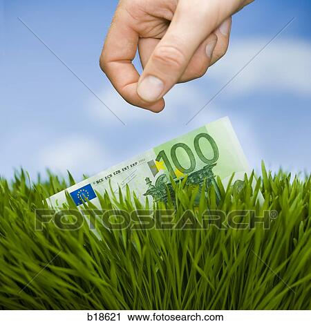 Stock Image - 100 Euro note in the grass.. Fotosearch