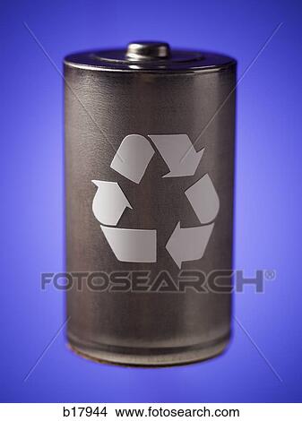 Picture - Battery with recycling symbol on it.. Fotosearch