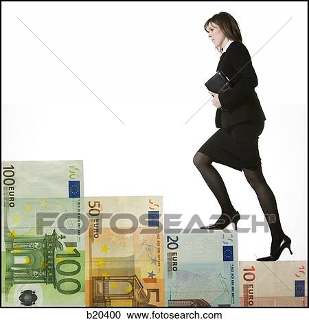 Stock Image - businessperson climbing a staircase of money. Fotosearch