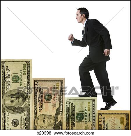 Stock Photo - businessperson climbing a staircase of money. Fotosearch