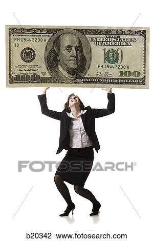 Stock Image - businessperson holding up a bank note. Fotosearch