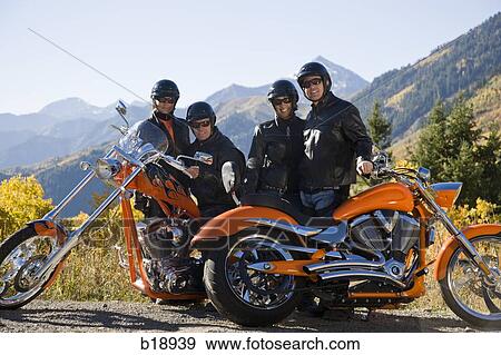 Group of bikers in the mountains. View Large Photo Image Stock Photo - Group of bikers in the mountains.. Fotosearch