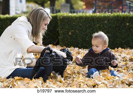mother and baby playing in fallen leaves View Large Photo Image Stock Photo - mother and baby playing in fallen leaves. Fotosearch