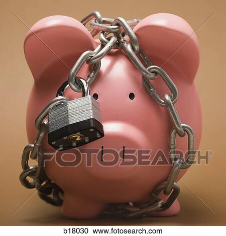 Stock Image - Piggy bank locked up.. Fotosearch