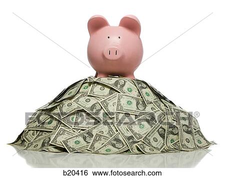 piggy bank on a pile of money View Large Photo Image Stock Photograph - piggy bank on a pile of money. Fotosearch