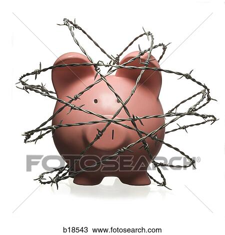 Stock Image - Piggy bank surrounded by barbed wire.. Fotosearch