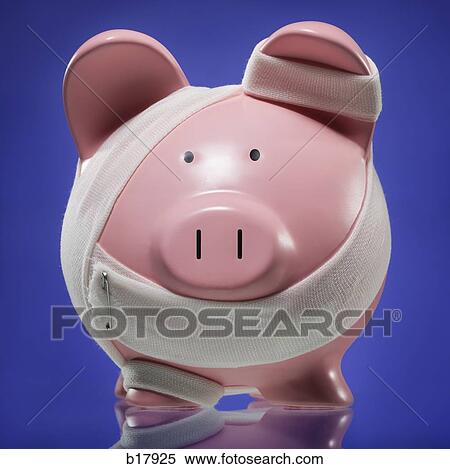 Stock Photography - Piggy bank with bandages holding it together.. Fotosearch