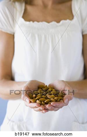 woman with a handfull of almonds. View Large Photo Image Stock Photo - woman with a handfull of almonds.. Fotosearch
