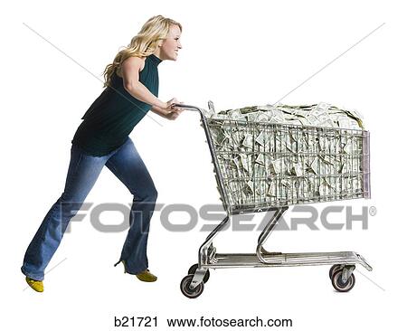 woman with a shopping cart full of money View Large Photo Image Stock Image - woman with a shopping cart full of money. Fotosearch