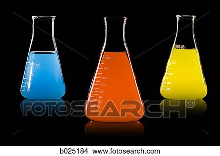 Picture - erlenmeyer flasks with colored liquid. Fotosearch