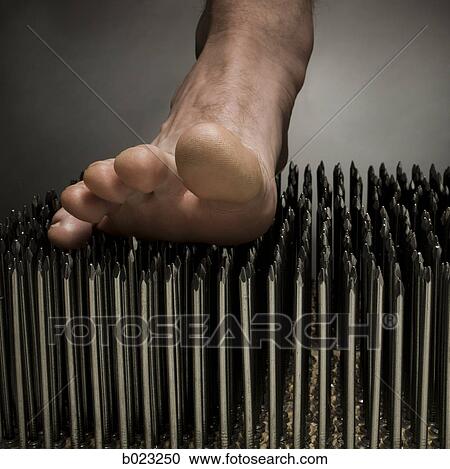Stock Image - foot walking on nails. Fotosearch