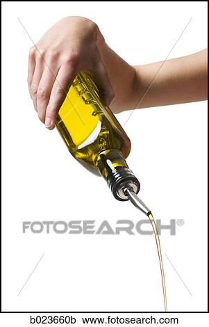 Stock Image - hand pouring olive oil. Fotosearch