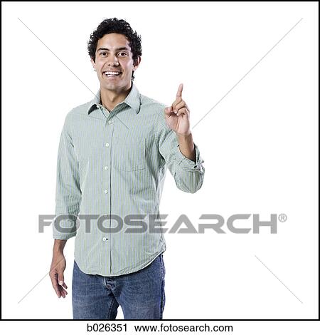 Stock Image - man holding up one finger. Fotosearch