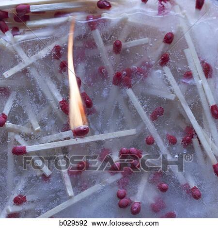 Stock Image - matches frozen in a block of ice. Fotosearch