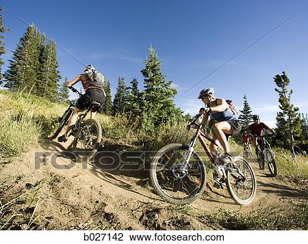 mountain bikers riding down a trail View Large Photo Image Stock Image - mountain bikers riding down a trail. Fotosearch