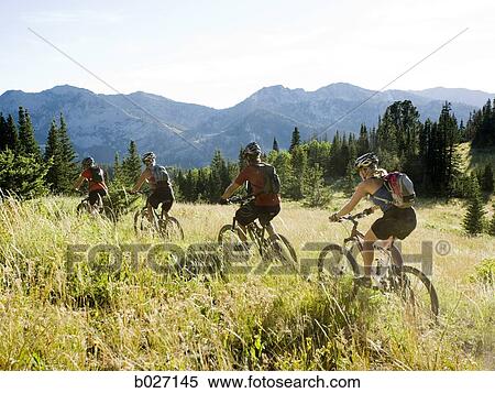 mountain bikers riding down a trail View Large Photo Image Stock Photography - mountain bikers riding down a trail. Fotosearch