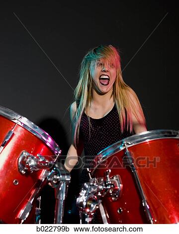rocker girl on the drums View Large Photo Image Stock Image - rocker girl on the drums. Fotosearch