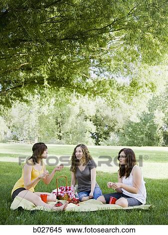 three young women having a picnic on the grass in a park View Large Photo Image Stock Photography - three young women having a picnic on the grass in a park. Fotosearch