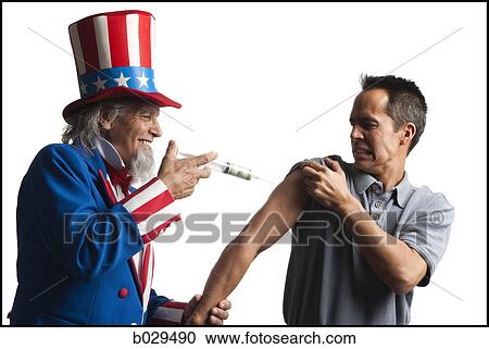 Stock Image - uncle sam giving a man an injection. Fotosearch
