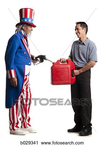 uncle sam holding a gasoline pump filling a man's gas can View Large Photo Image Stock Image - uncle sam holding a gasoline pump filling a man's gas can. Fotosearch