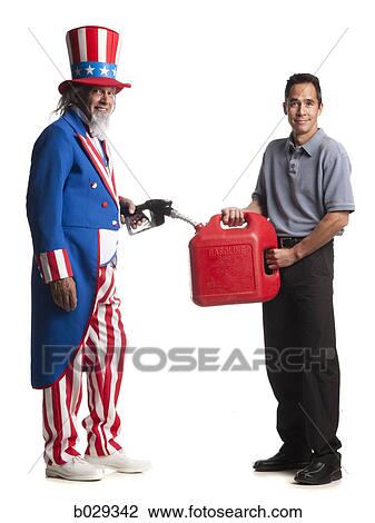 uncle sam holding a gasoline pump filling a man's gas can View Large Photo Image Stock Image - uncle sam holding a gasoline pump filling a man's gas can. Fotosearch