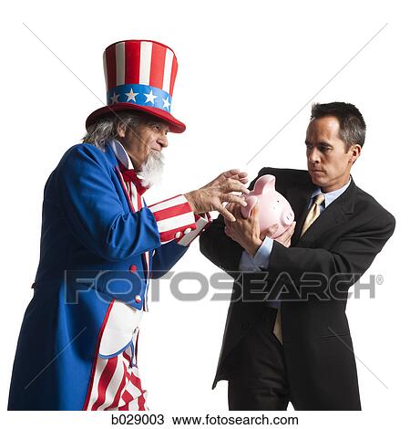 Stock Image - uncle same stealing a man's piggy bank. Fotosearch