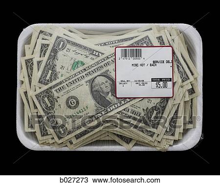 Stock Image - us dollars in a supermarket shrinkwrap package. Fotosearch