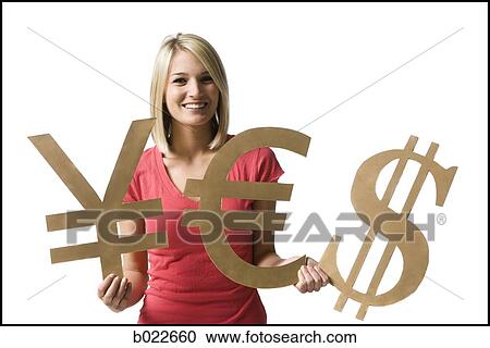 woman holding currency symbols View Large Photo Image Stock Image - woman holding currency symbols. Fotosearch