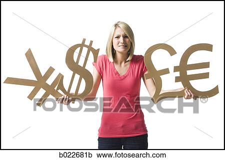 woman holding currency symbols View Large Photo Image Stock Image - woman holding currency symbols. Fotosearch