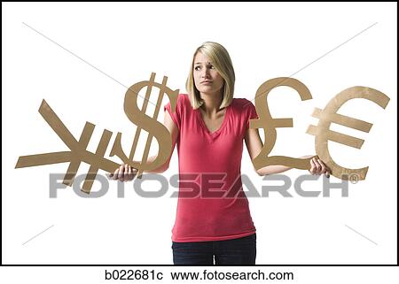 woman holding currency symbols View Large Photo Image Stock Image - woman holding currency symbols. Fotosearch